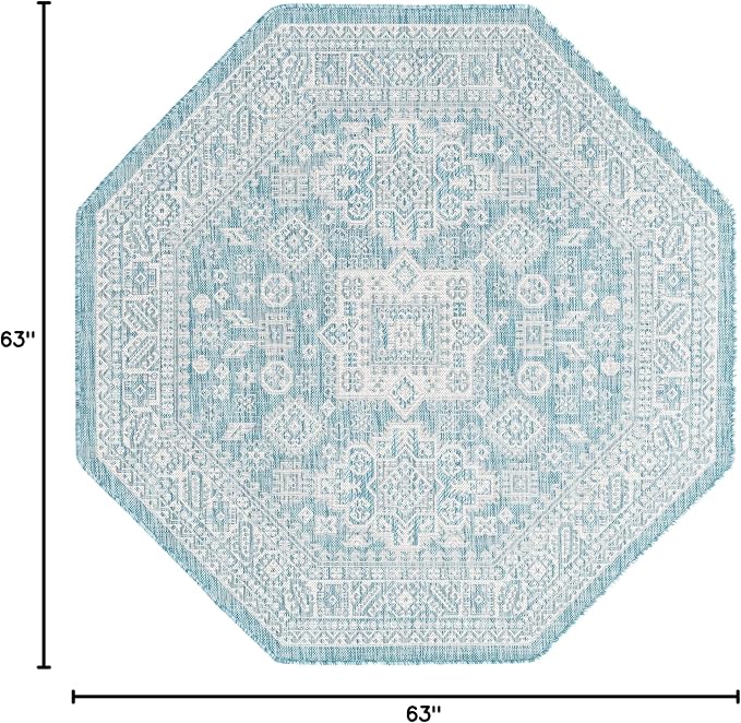 Unique Loom Outdoor Aztec Collection Area Rug - Chalca (5' 3" Octagon, Aqua/ Ivory)