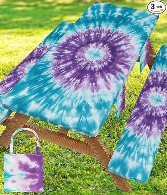 Picnic Table Cover with Bench Covers Waterproof Elastic Rectangle Tablecloth Camping Essentials Supplies Rv Car Travel Must Haves Gear Accessories Fitted Table Cloth Outdoor Road Trip Camper Gifts 6ft