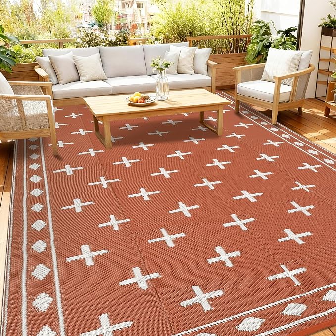 Outdoor Patio Rug 9x18 Waterproof Outside Area Rugs Modern Reversible Plastic Straw Carpet for RV Deck Camping Entryance Porch Picnic Balcony Beach，Orange/White