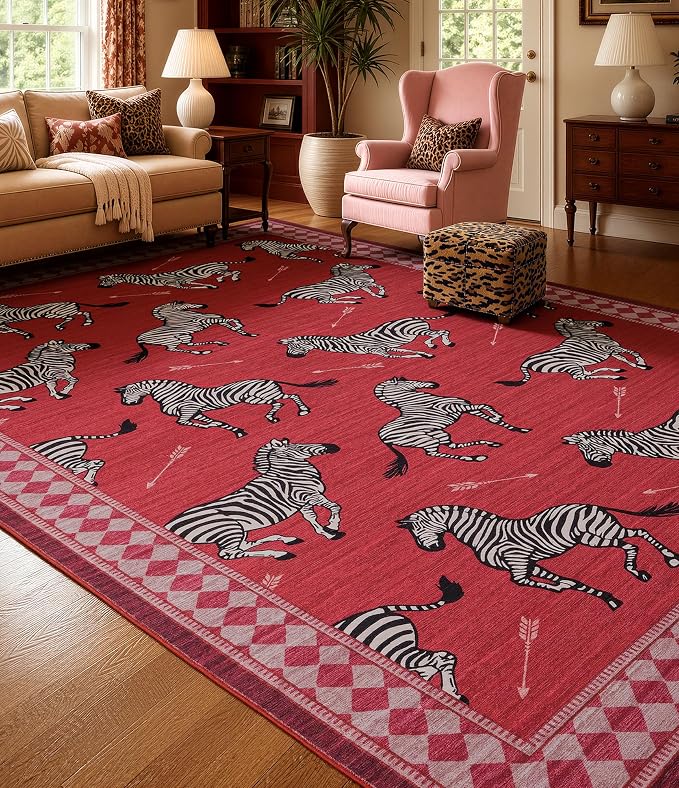 YIHOUSE Red Zebra Area Rugs 9×12, Washable Animal Print Rug with Checkered Border, Non-Slip Low Pile Mid-Century Modern Carpet for Living Room, Bedroom, Dining Room, Home Decor