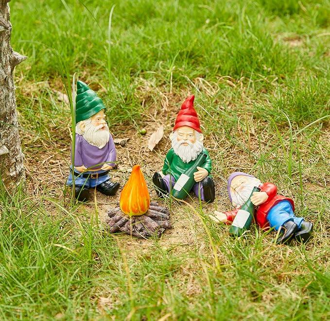 Extra Large Drunk Garden Gnomes Figurines | Set of 4 | Funny Dwarf Knomes Around Fire Pit, Adorable Naughty Drunken nombs Indoor & Outdoor Decor - Patio, Porch, Yard Lawn Art (Naughty Firepit Set)