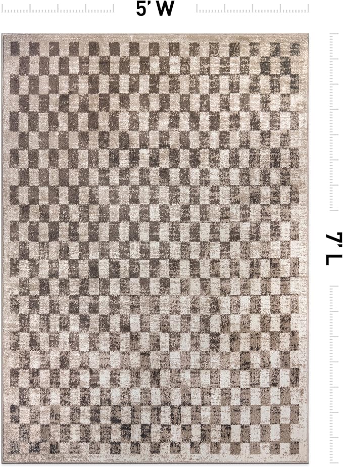 Rugshop Contemporary Checkered Grid Textured Area Rug Soft Beige 5' x 7' | Rectangular, Size 5' x 7', Living Room, Bedroom, Dining Room, Home Office, Kitchen, Entryway, Hallway, Nursery, Kids Room