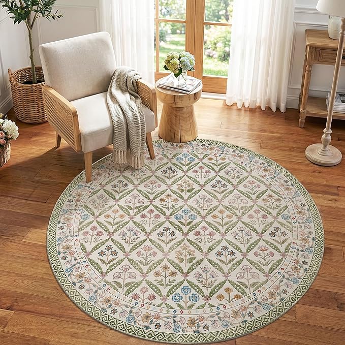 jinchan Round Rug 6ft Vintage Floral Washable Circle Area Rug, Sage Green | Soft & Lightweight, Checkered Floral, Low Pile, Non Slip, Bedroom, Dining Room, Living Room, Girls Room, Reading Nook