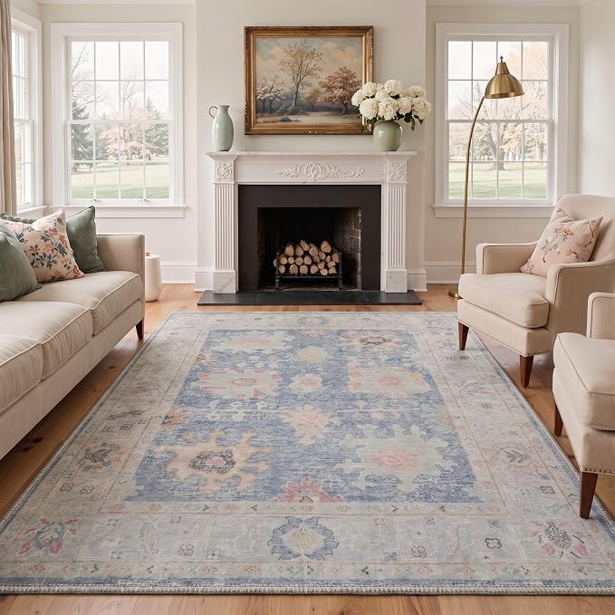 2X5 Washable Hallway Runner Rug, Boho Vintage Floral Non Slip | Dusty Blue Floral Runner, Soft Faux Wool Rug for Corridor Kitchen Entryway, Stain Resistant, Pet-Friendly, Non-Shedding, Thin