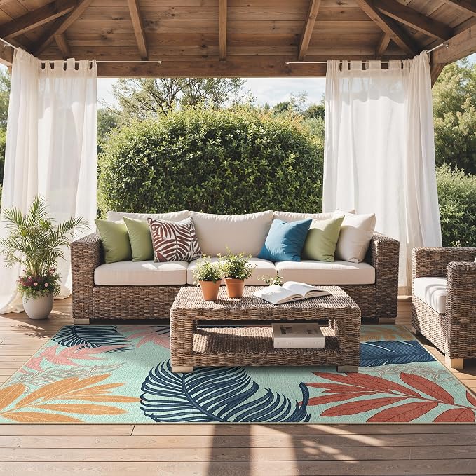 GENIMO Outdoor & Indoor Area Rug 5'x8', Waterproof, Non-Shedding, Easy Cleaning, Leaf Mat for Patio, Living Room, Balcony, Dining Room, RV, Deck, Bedroom, Camping, Outside Carpet, Blue Paint