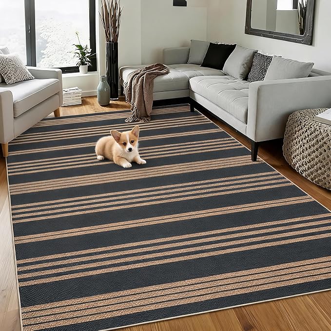 Garvee 5x7 Area Rugs Easy Jute Washable Rugs Living Room, Black & Brown | Modern Line Print Area Rug Stain Resistant Easy Cleaning Throw Rugs Non Shedding Low Pile Floor Cover for Nursery Dining Room