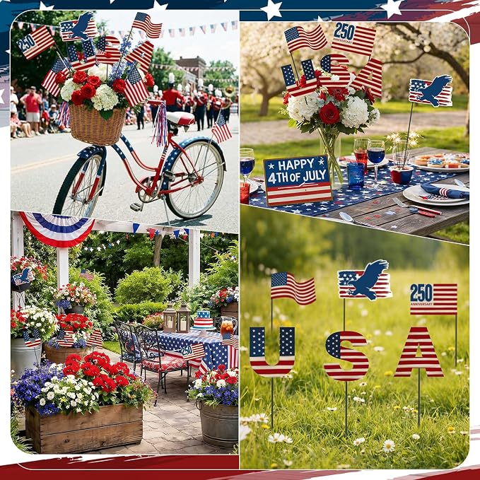 Pickmesh 6 Pcs 12" H 250th Anniversary Outdoor Decor 4th of July Patriotic Eagle Metal Yard Sign Red White Blue USA Flag Garden Stake American Yard Sign for Independence Day Decoration
