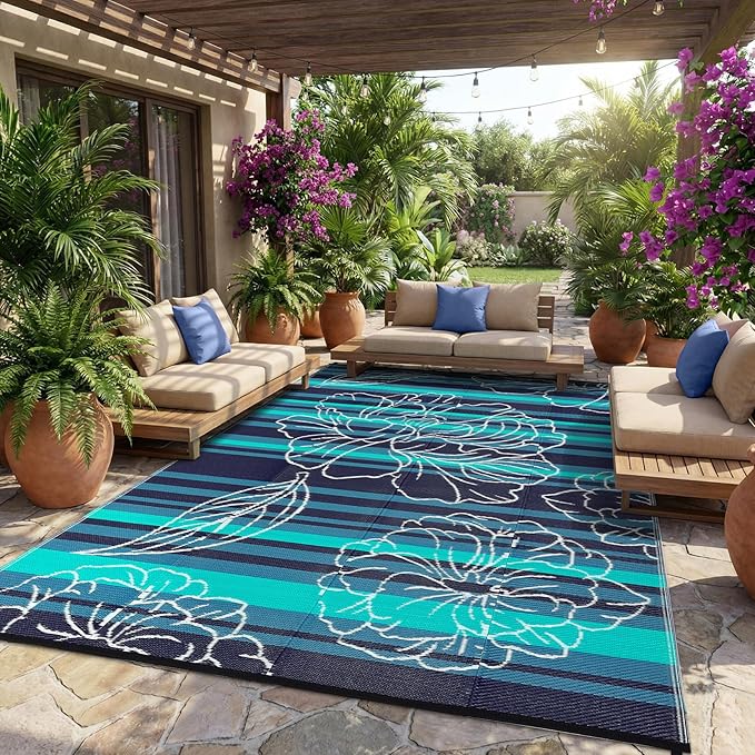 Garvee 6x9 Outdoor Waterproof Rug, Floral Outdoor Area Rug，Reversible Plastic Straw Patio Rug, Portable Camping Mat for RV, Picnic, Beach, Balcony, Garden & Camping Black&Blue