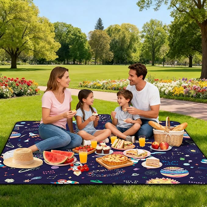 Extra Large Picnic Blanket Waterproof,80"x 80"Foldable Machine Washable Beach Blanket,Outdoor Blanket for 6-8 Adults,Suitable for Indoor Crawling,Park Beach,Camping,Hiking,Family Travel(Starry sky)