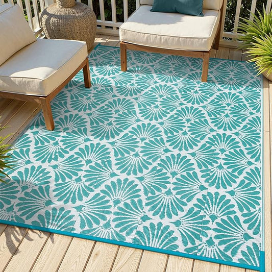 Lahome Outdoor Rugs for Picnic Camping 6x9, Blue Plastic Straw Reversible Rv Beach Rug, Waterproof Lightweight Outdoor Carpet for Pool Beach Balcony Tent Patio Deck, Teal 6'x9'