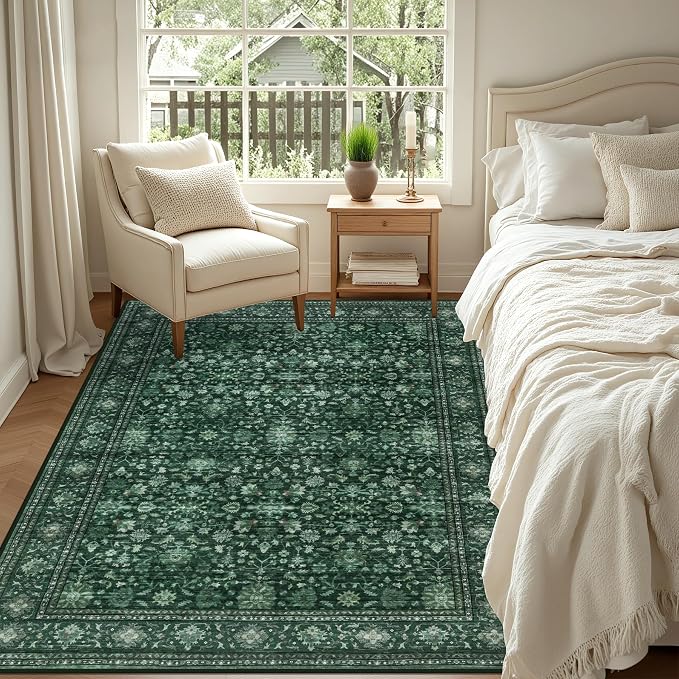 4x6 Area Rugs Living Room: Washable Rug for Bedroom Deep Green | Boho No Slip Stain Resistant Rug Soft Indoor Decor Floor Floral 4x6 Area Rugs for Dining Room, Nursery, Hallway, Home Office