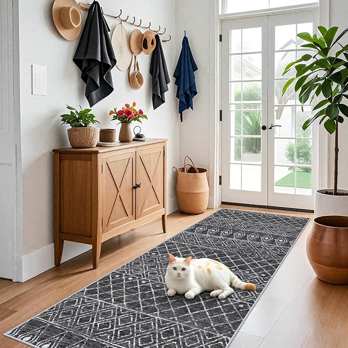 4x8 Modern Hallway Runner Rug:Moroccan Machine Washable Carpet Black | Non Slip Pets Friendly Runner Low Pile Soft Indoor Floor Mat Front Door for Kitchen Bedroom Entryway Laundry