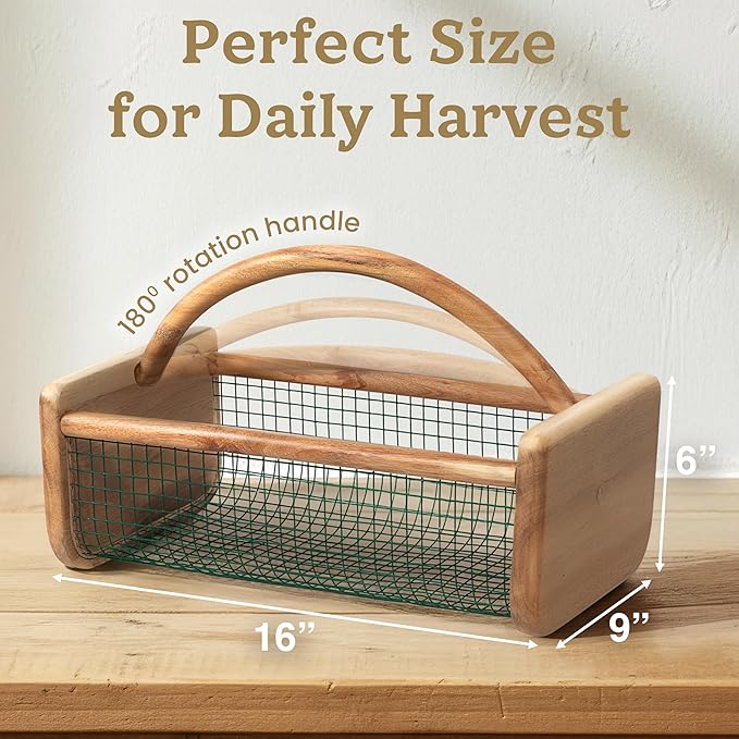 HOMESTEAD Garden Hod Harvest, Durable Acacia Wood Frame with Rotating Handle Basket, Farmhouse Basket for Home Improvement, Gardening, Farm, Kitchen, Indoor Outdoor Use, Natural Color