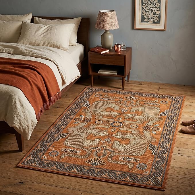 GarveeHome 3x5 Tiger Washable Rug Entryway Boho Bedroom Non Slip Vintage | Terracotta Rug Low Pile Tribal Animal Carpet Stain Resistant Throw Rug for Kitchen Dorm Kidss Room Office Dining Room