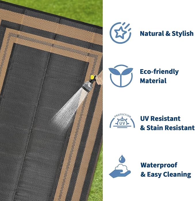 Garvee 8x10 Outdoor Rug Waterproof Plastic Straw Rug Outdoor Patio Rugs Reversible Mat Easy Clean Foldable Lightweight Large Area Rugs for Patio Porch Backyard Camping RV Beach Balcony Panel Brown