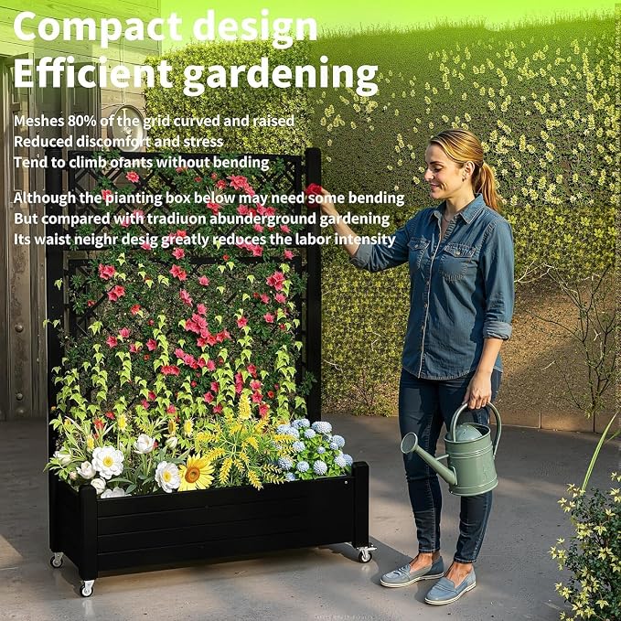 Vixzen 64" Tall Raised Garden Bed,Outdoor Large Resin Planter Box with Trellis and Drain Plug for Climbing Plants,Easy to Assemble,Water Monitor,Mobility(Black, 43.43"×18.27"×64.29")