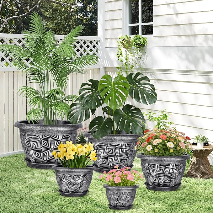 10-Inch -Plastic-Pots -For-Plant With Saucer, 4 Pack Outdoor Planters With Drainage Holes, Decorative Flower Pots For Indoor Plants, Modern 3D Swirl Silver Plant Pots With With Removable Tray