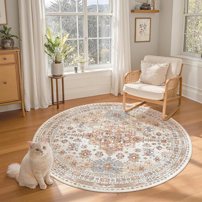 Round Rug 5ft,Circle Rug for Dining Room Table,Orange | Washable Rugs for Kitchen,Entryway,Bedroom,Dining Room,Nursery Room,Thin,Soft Runner Rug,Stain Resistant Indoor Carpet