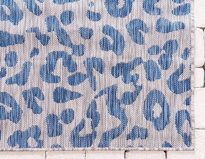 Unique Loom Outdoor Safari Collection Area Rug - Leopard (2' x 6' 1" Runner, Blue/ Gray)