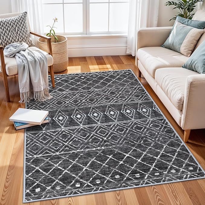 3x5 Washable Moroccan Area Rug: Ultra Soft Low Pile Non Slip Rugs Black | Modern Geometric Printed Indoor Floor Mat - Carpet for Living Room Bedroom Entryway Kitchen Home Decor