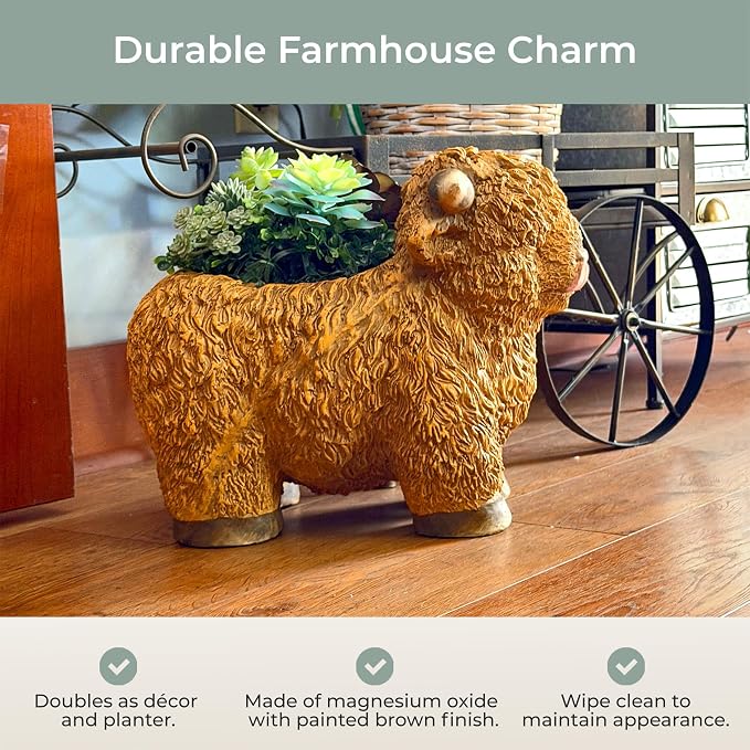 Zeckos Highland Cow Planter, Brown Painted Magnesium Oxide Animal-Shaped Freestanding Planter, 12 Inches Tall X 15 Inches Long X 8.25 Inches Wide, MGO Farmhouse Decorative Accent