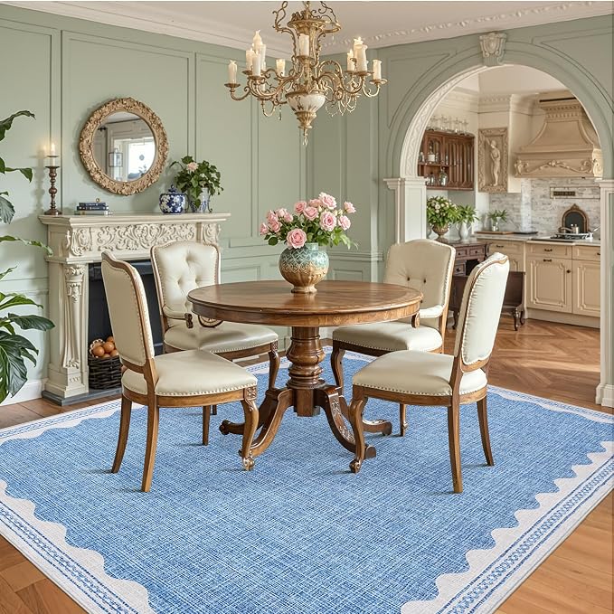 GarveeHome Scalloped 8x10 Rug for Living Room Washable Non-Slip Solid Blue Modern Minimalism Low-Pile Carpet 8 x 10 Rug for Bedroom Dining Nursery Mat with Rubber Back