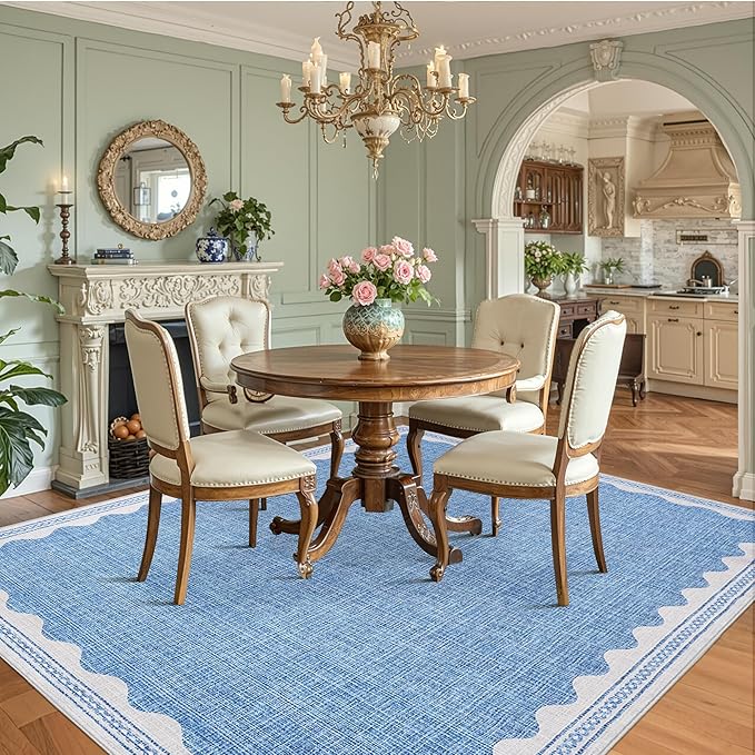 GarveeHome Scalloped Blue Washable Rugs 10x13 Rug for Living Room Non-Slip Solid Modern Minimalism Low-Pile Carpet 10 x 13 Rug for Bedroom Dining Nursery Rug