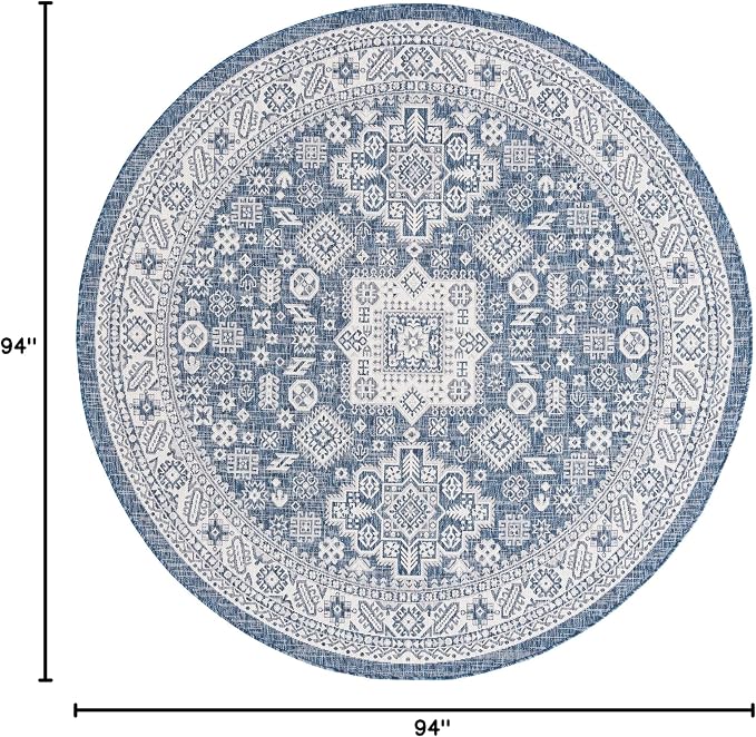 Unique Loom Outdoor Aztec Collection Area Rug - Chalca (7' 10" Round, Blue/ Ivory)