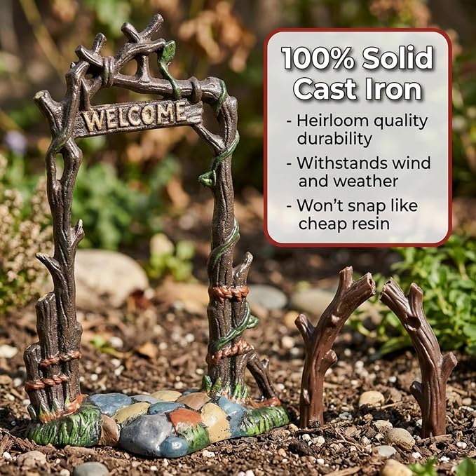 Lulu Decor, Cast Iron Fairy Garden Decor Set Fairy Garden Accessories Including Fairy Garden Fence 4 pc, Lamp with Mailbox and Welcome Arch