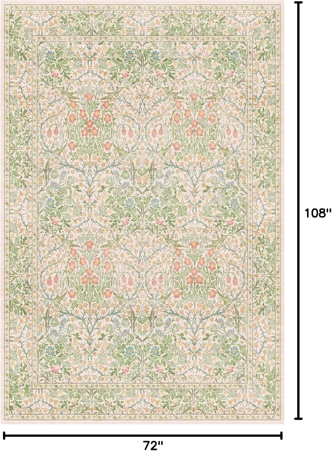 Beige Green 6x9 Washable Area Rugs for Dining Room, Nursery, Bedroom, Living Room, Kids Playroom, Ultra Soft Low Pile Non-Slip - Vintage Light Green Floral Indoor Carpet Stain Resistance