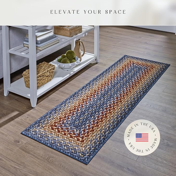 Maples Rugs Marion Bohemian Braided-Style Print Runner Rug – Made in USA – Washable, Non-Slip Indoor Runner for Hallway, Kitchen, and Laundry Room, 2' x 6', Multi-Color