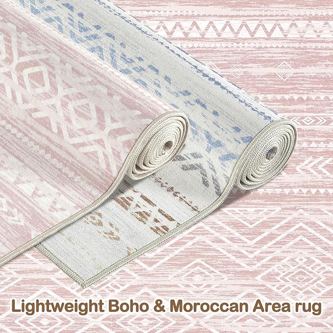 Tortania Area Rug Living Room Rugs- 7x9 Washable Large Soft Neutral Boho Moroccan Bohemian Farmhouse Rug Indoor Floor Carpet for Bedroom Under Dining Table Home Office Decor - Pink