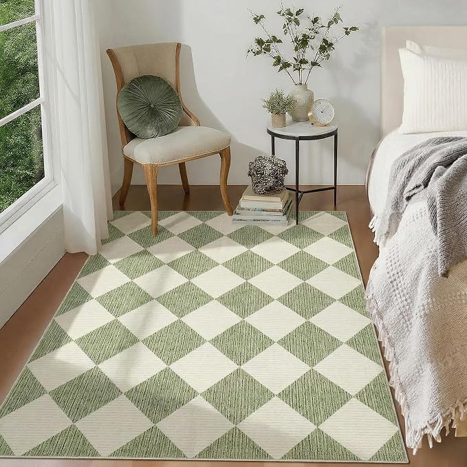 GarveeHome 3x5 Checkered Area Rug Non Slip Washable Entryway Bedroom Rug | Modern Geometric Plaid Sage Green Carpet Classic Throw Mat for Kitchen Bedside Kids Room Office Dining Room