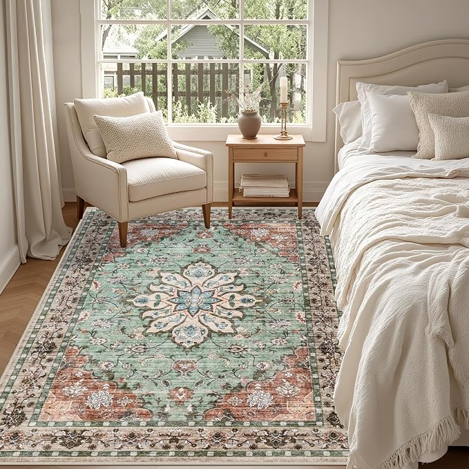 4x6 Area Rugs Living Room: Washable Rug for Bedroom Brown Green | Boho No Slip Stain Resistant Rug Soft Indoor Decor Floor Floral 4x6 Area Rugs for Dining Room, Nursery, Hallway, Home Office