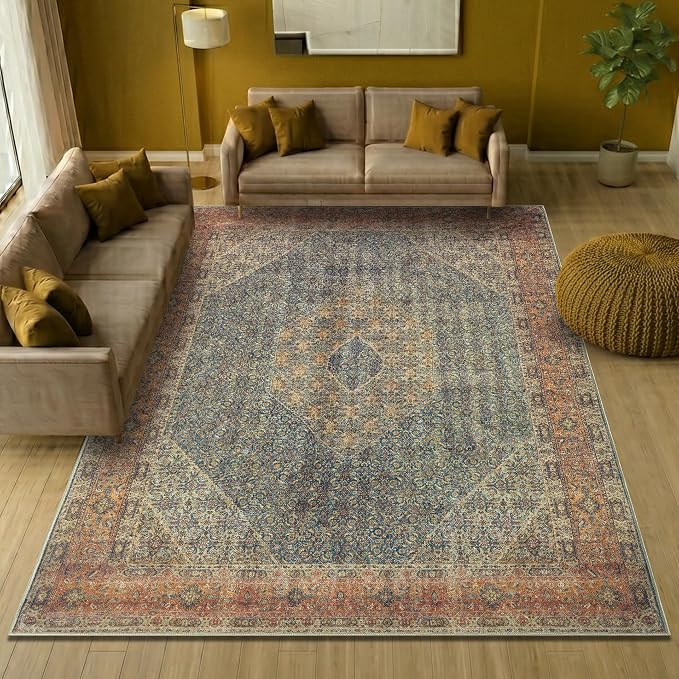 Keen Home Design Vintage Washable Area Rug, Non-Slip Low Pile, 8x10 | Machine Washable Cotton Chenille, 0.25In Low Pile, Rubber Non-Slip Back; Living Room, Bedroom, Dining Room, Office