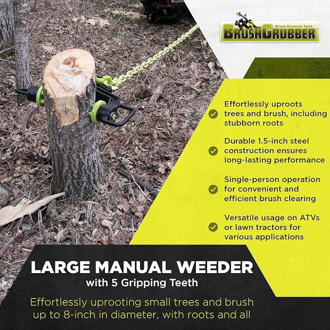 Brush Grubber Single Person Large Manual Weeder with 5 Gripping Teeth and Spring Loaded Jaws Brush Up to 8 Inch Diameter, Black/Green