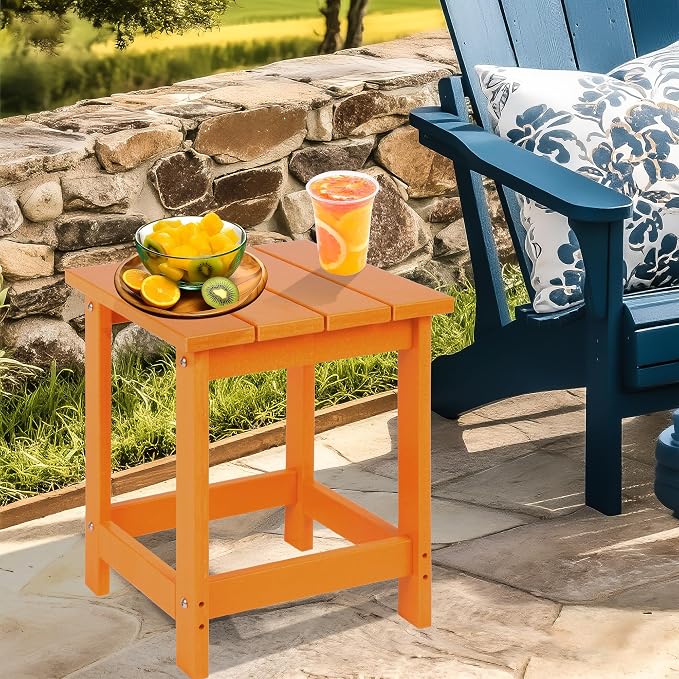 LZRS Patio Side Table, Heavy Duty HDPE Outdoor End Table with Wood Texture, Weatherproof Composite Table for Adirondack Chairs, Deck, Pool, Indoor/Outdoor, No Peeling or Cracking(Orange)