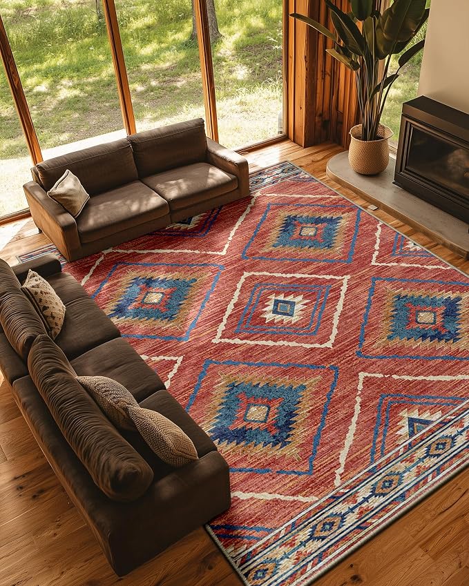 9'x12' Washable Area Rug for Living Room Bedroom Red/Orange | Soft Western No Slip Low Pile Print Foldable Indoor for Kitchen Dining Room