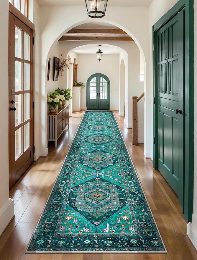 SERISSA 2'6"x16' Washable Non Slip Boho Runner Rug for Hallway，Teal | Ultra Soft Vintage Oriental Carpet Low-Pile Tribal Floor Carpet for Kitchen Bedroom Entryway Bathroom Laundry Room