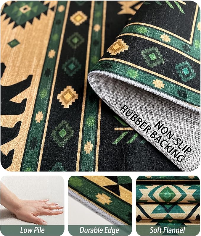 Southwestern Rug 4x5 - Native American Bear Cabin Area Rugs for Bedroom Living Room, Rustic Western Machine Washable | Non-Slip | Soft Carpets, Aztec Room Decor (Green Tan Black)