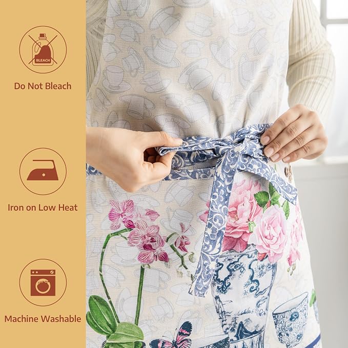 Maison d' Hermine Aprons for women with Pocket 100% Cotton (27.50"x31.50") | Adjustable Neck Strap & long ties Apron Men Chef Wedding Cooking Gardening Server Maid