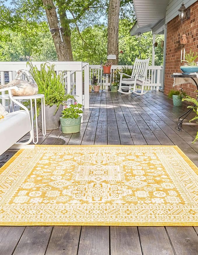 Unique Loom Outdoor Aztec Collection Area Rug - Chalca (10' Square, Yellow/ Ivory)