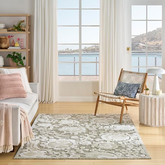 Nourison Home Aloha Ivory Sage 5'3" x 7'5" Area Rug - Easy Clean, Non Shedding, Bed Room, Living Room, Dining Room, Kitchen (5' x 8')