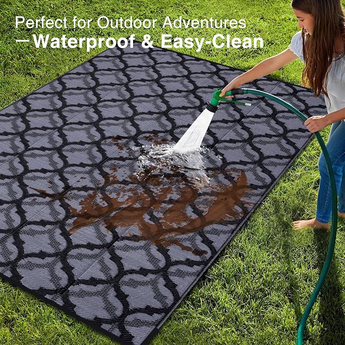 OLANLY Reversible Outdoor Rug 9x12 ft Clearance, Waterproof Outdoor Plastic Straw Rug with Interlacing Pattern, RV Mat for Patio, Camping, Balcony, Deck, Backyard, Black & Grey