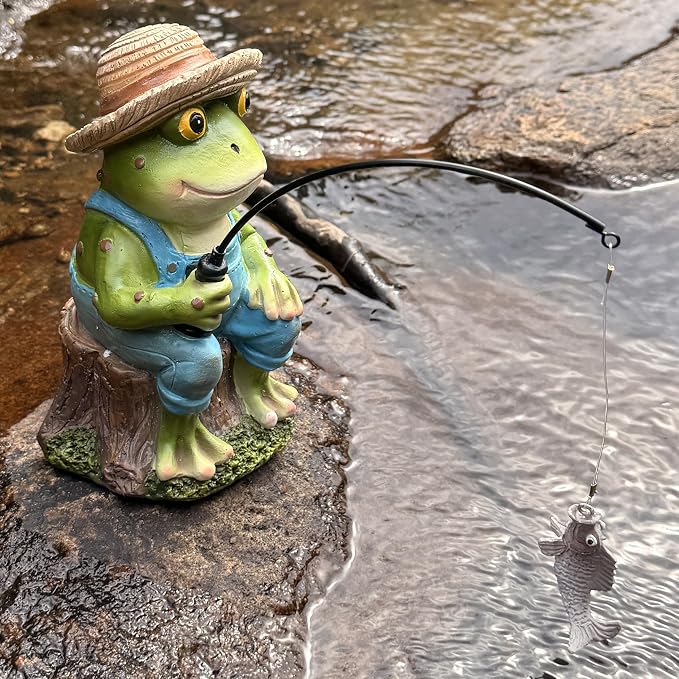 Outdoor Frog Statue Garden Koi Pond Decoration, Resin Frog Decor for Yard 7.1'' Fishing Statue Patio, Lawn Garden Decorative, Fishing Animals for Waterfalls or Koi Pond Additioanl, Mother's Gift