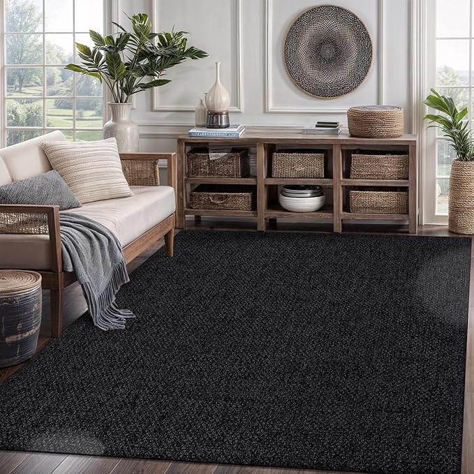 CAMILSON Easy Jute Rug 9x12,Indoor Outdoor Dark Gray Black Farmhouse Area Rugs for Living Room Patio and Kitchen Rug Solid Boho Woven Design Easy-Cleaning Washable Outside Carpet Alfombras (9 x 12)