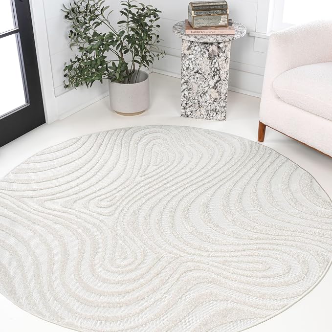 JONATHAN Y Maribo High-Low Abstract Striped Cream/Ivory 6' Round Indoor/Outdoor Area Rug, Pet Friendly, Non-Shedding, Stain Resistant, Easy-Cleaning for Backyard, Patio, Porch (SCN103A-6R)