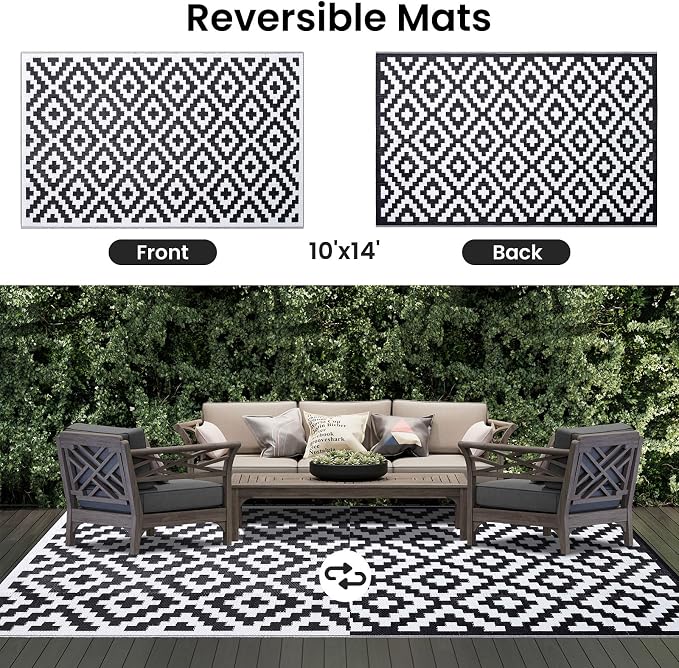 Smiry Waterproof Outdoor Rug 10X14 ft, Reversible Plastic Straw Patio Camping Rugs, Outdoor Indoor RV Mat Carpet for Patio, Outside Entry, Backyard, Deck, Bench, Picnic, Camper, Black & White