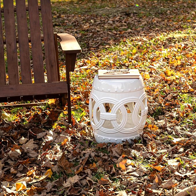 JONATHAN Y Lucky Coins 16" Ceramic Garden Stool, Contemporary White Cutout Interlocking Rings Drum Indoor/Outdoor Side Table and Plant Stand for Patio, Garden, Living Room TBL1022A