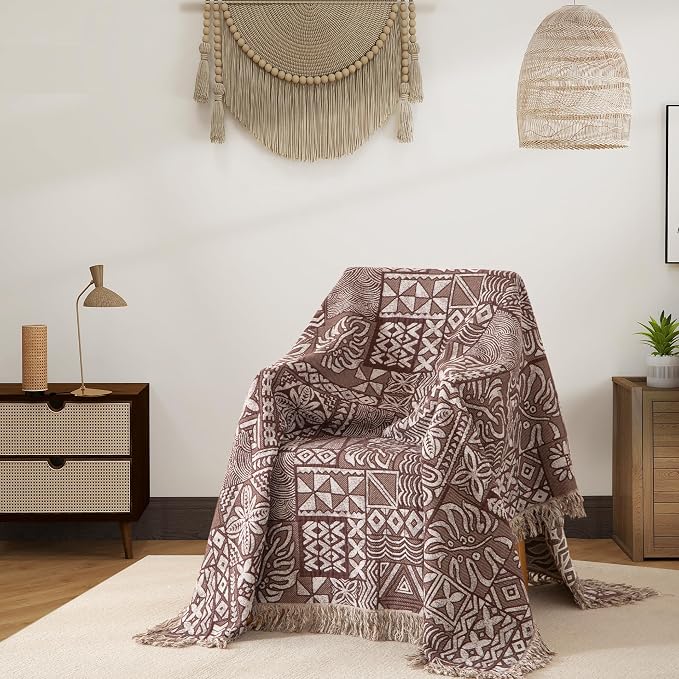 Phuryllic Boho Throw Blanket Full Size, Extra Large Soft Cozy Cotton Muslin Quilt Blanket for Bed Decor, Patchwork Block Couch Sofa Chair Cover, Vintage Farmhouse Cottage Woven Blanket, Brown&White
